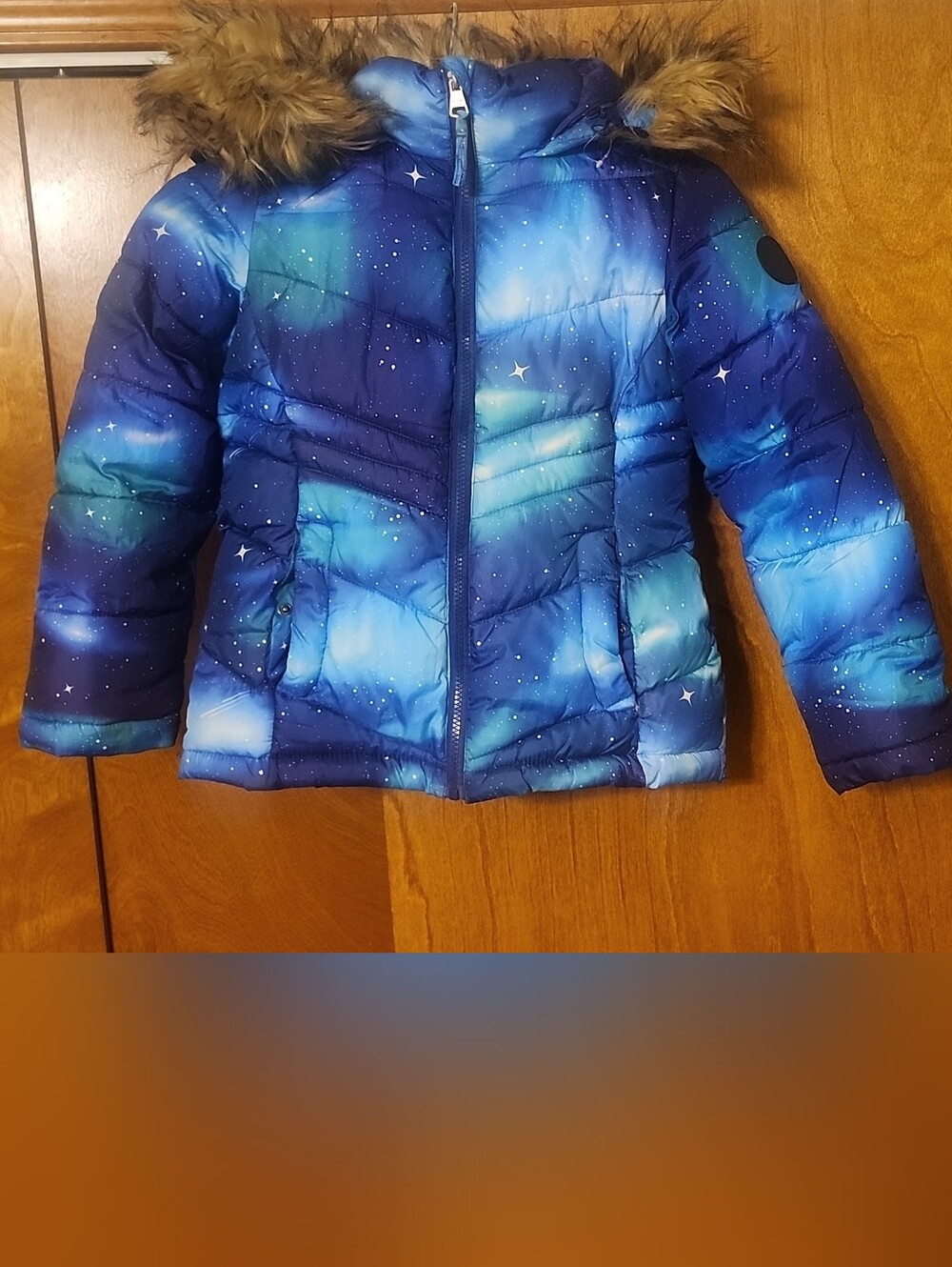 Madden Girl Blue Galaxy Print Puffer Jacket with Faux Fur Trim